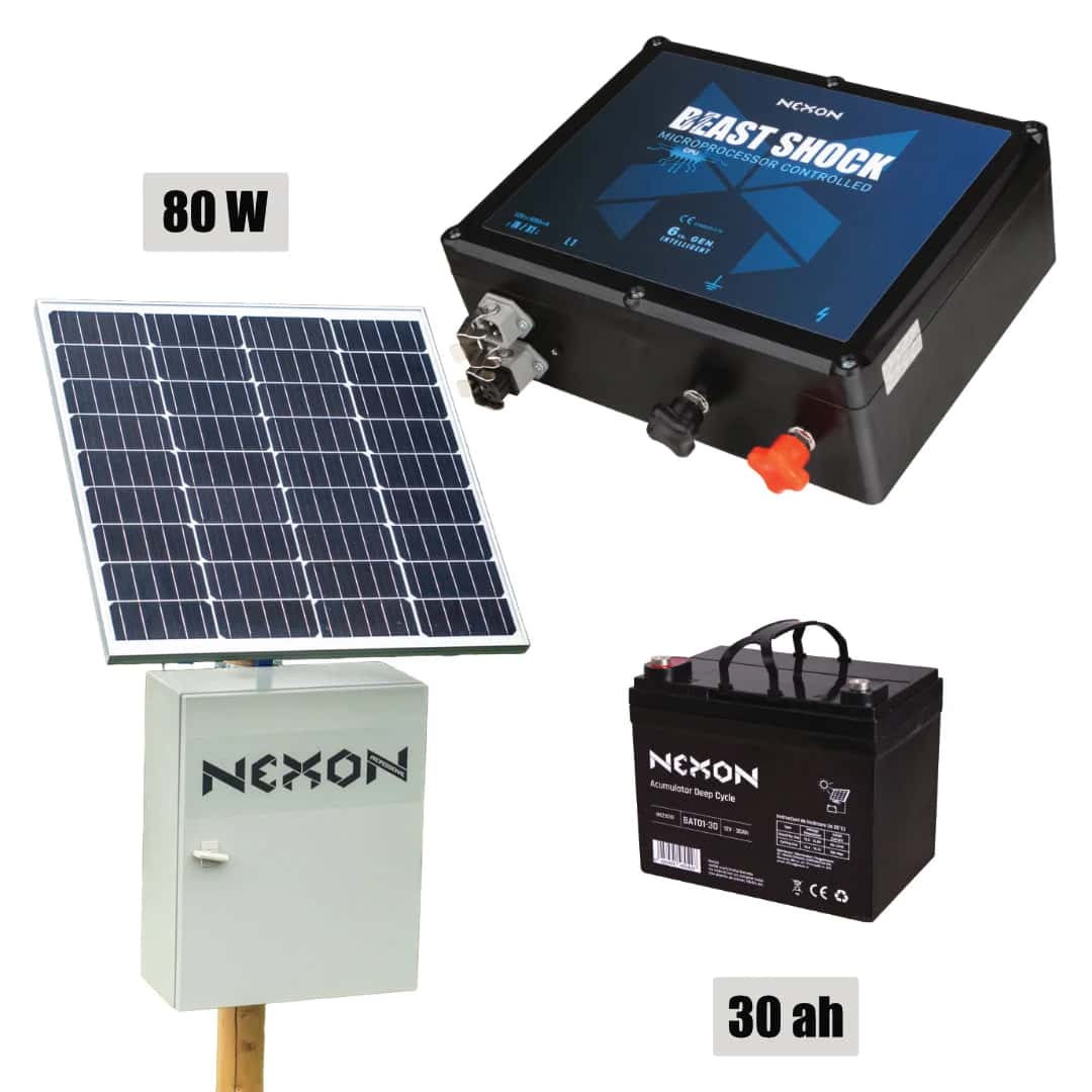 NEXON Electric Fence Kit BeastShock 7.5 J 12V with 80W Solar Panel and 30Ah Battery in Metal Box