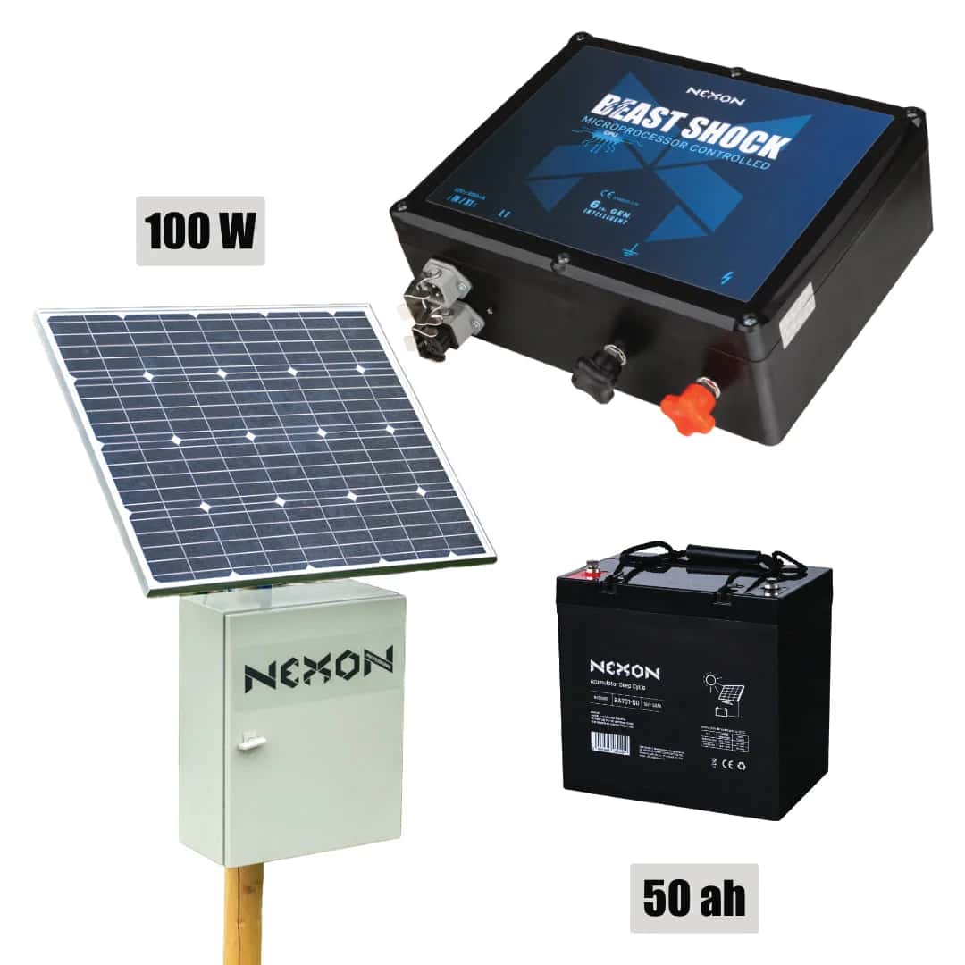 NEXON Electric Fence Kit BeastShock 10 J 12V with 100W Solar Panel, 50Ah Battery and Metal Box